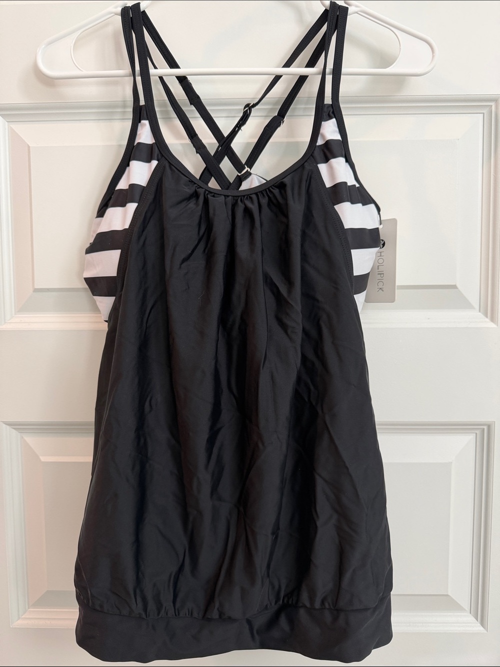 Holipick Black Strappy Swim Tankini Top with White Stripe Bra Insert